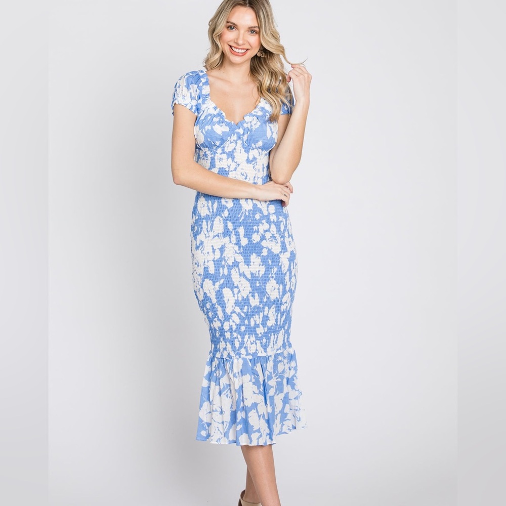 Blue Floral Smocked Off Shoulder Fitted Dress